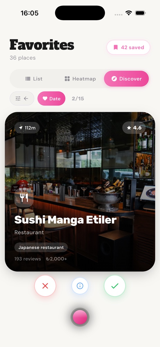 DuckIn Discovery, swipe through personalized venue recommendations